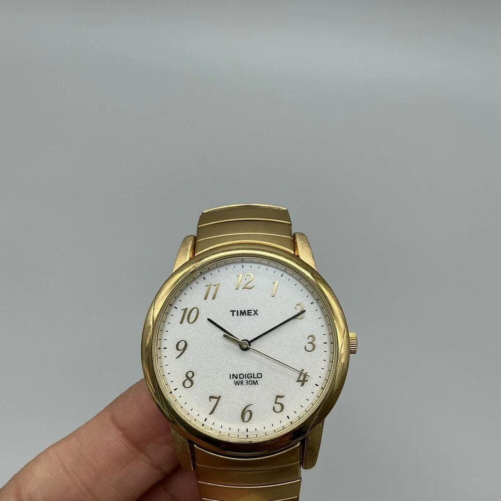 Timex Indiglo Mens Watch 35mm White Dial Gold Tone Stretch Bracelet New Battery